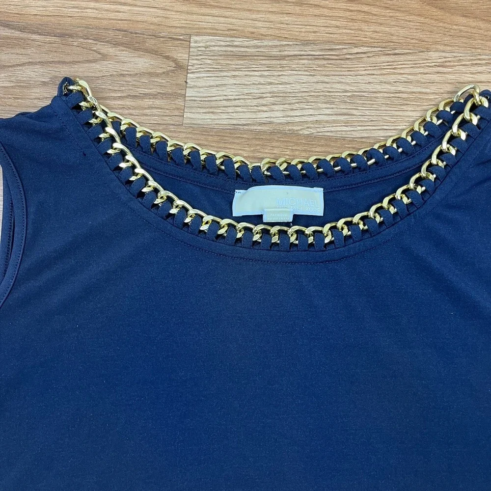 Michael Kors Navy Blue Chain Collar Sleeveless Shirt Tank Blouse Size Large‎